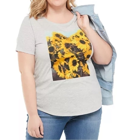 Evri Sunflower Gray Cotton Polyester Blend Plus Women Tee Size 1X - Picture 1 of 8